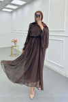 Sare Fashion Shoulder and Sleeve Detailed Lined Tulle Dress Brown