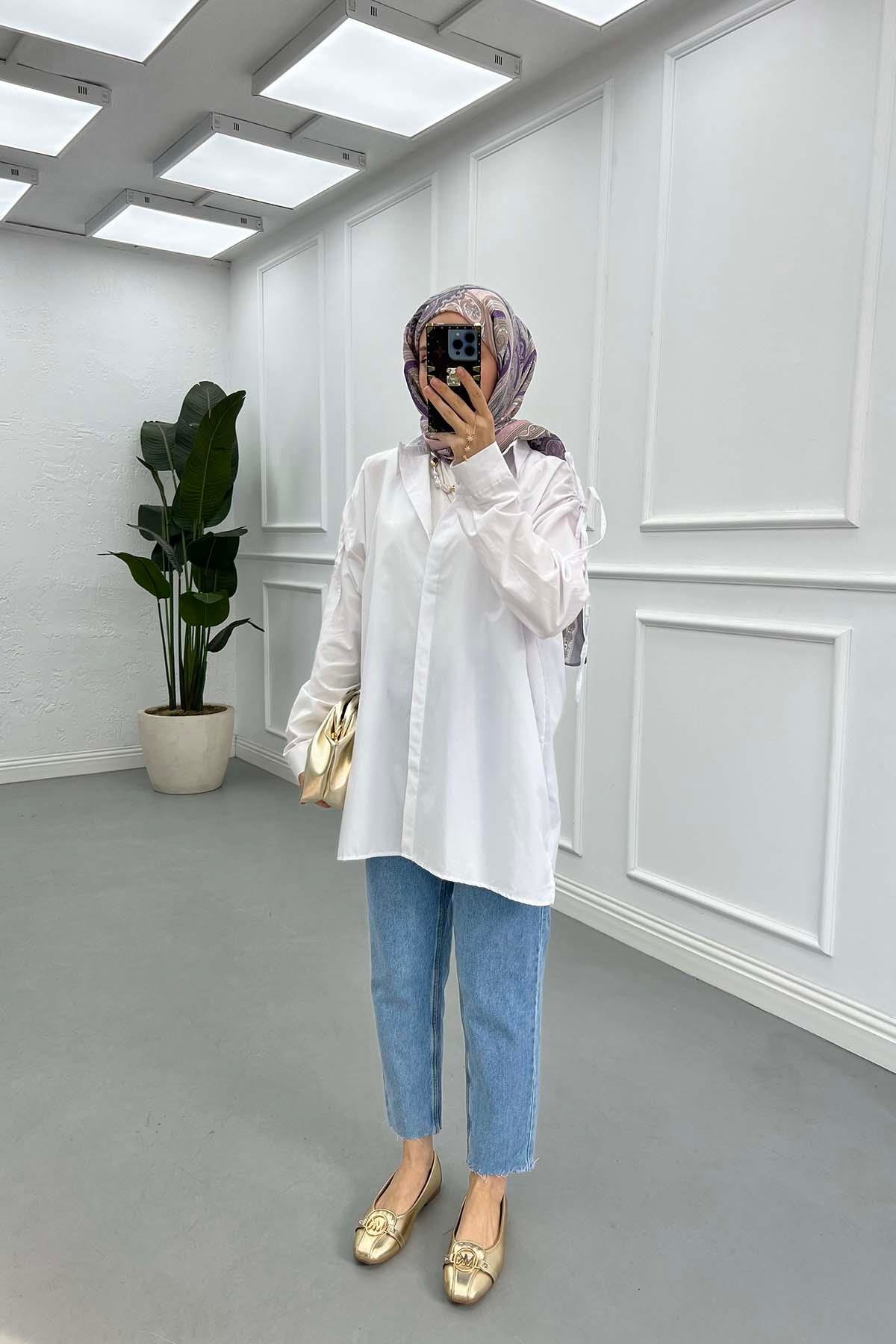 Sare Fashion Long Sleeve Shirt with Drawstring Shoulders White