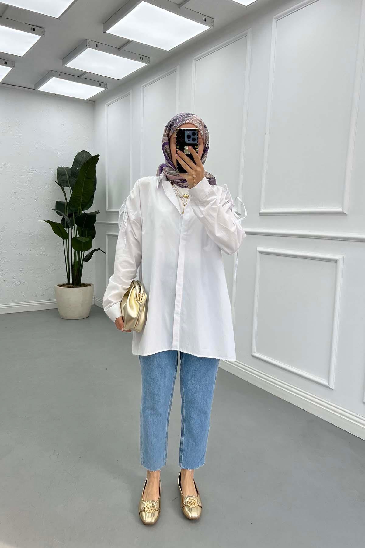 Sare Fashion Long Sleeve Shirt with Drawstring Shoulders White
