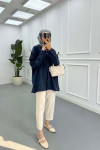 Sare Fashion Long Sleeve Shirt with Drawstring Shoulders Navy Blue