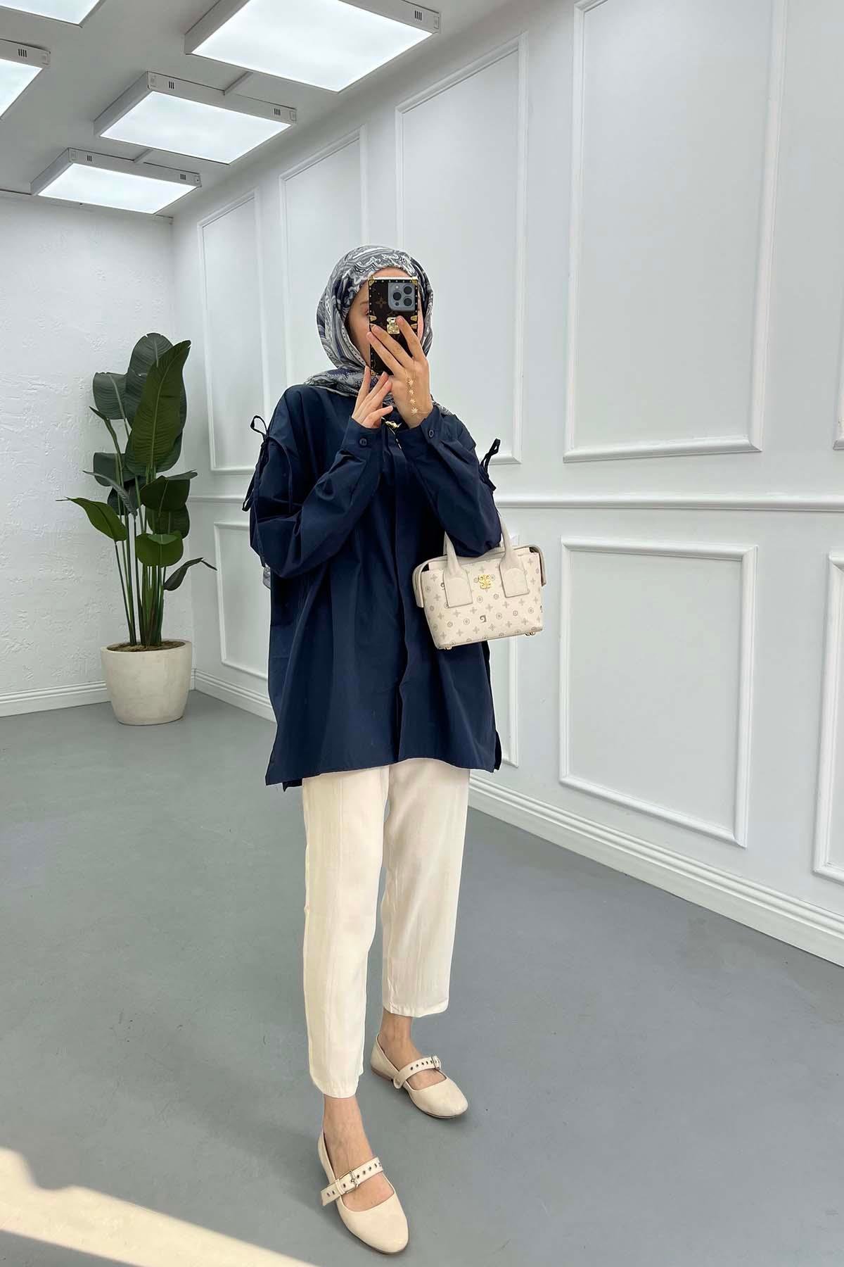 Sare Fashion Long Sleeve Shirt with Drawstring Shoulders Navy Blue