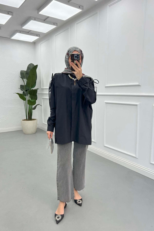 Sare Fashion Long Sleeve Shirt with Drawstring Shoulders Black