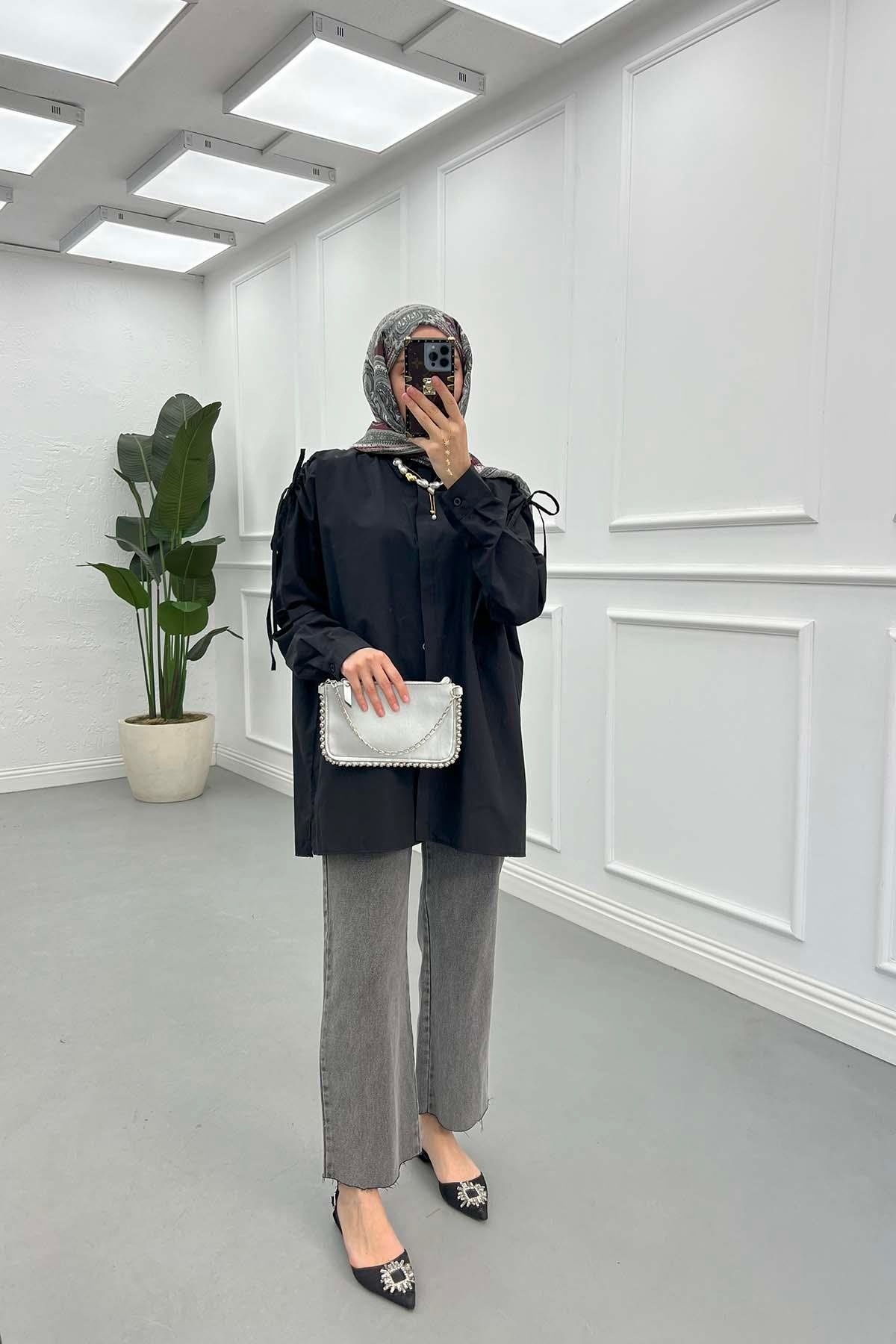 Sare Fashion Long Sleeve Shirt with Drawstring Shoulders Black