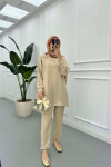 Sare Fashion Shoulder Snap Trouser Set Beige