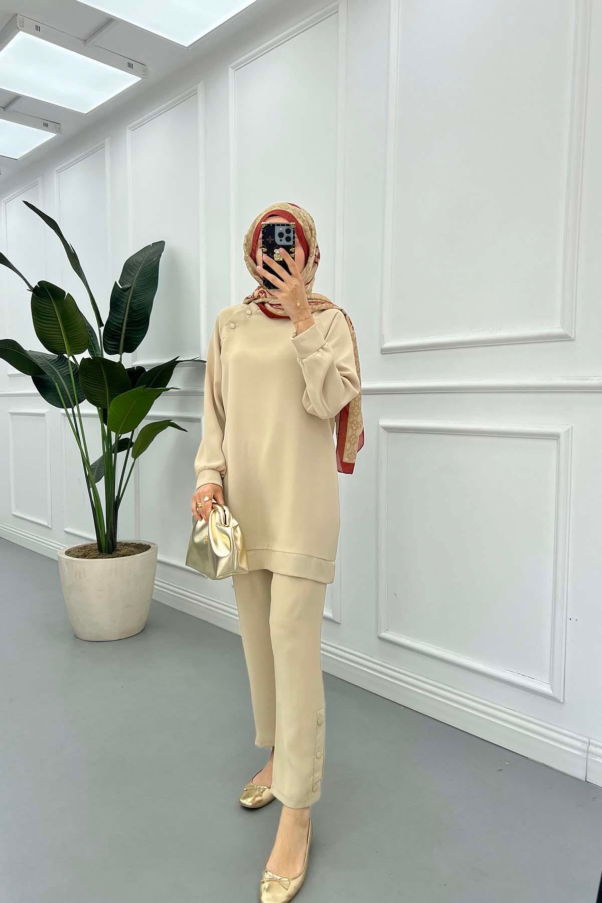 Sare Fashion Shoulder Snap Trouser Set Beige