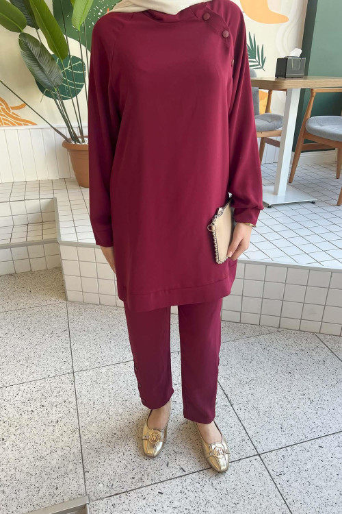 Sare Fashion Shoulder Snap Trouser Set Claret Red