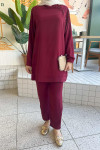 Sare Fashion Shoulder Snap Trouser Set Claret Red