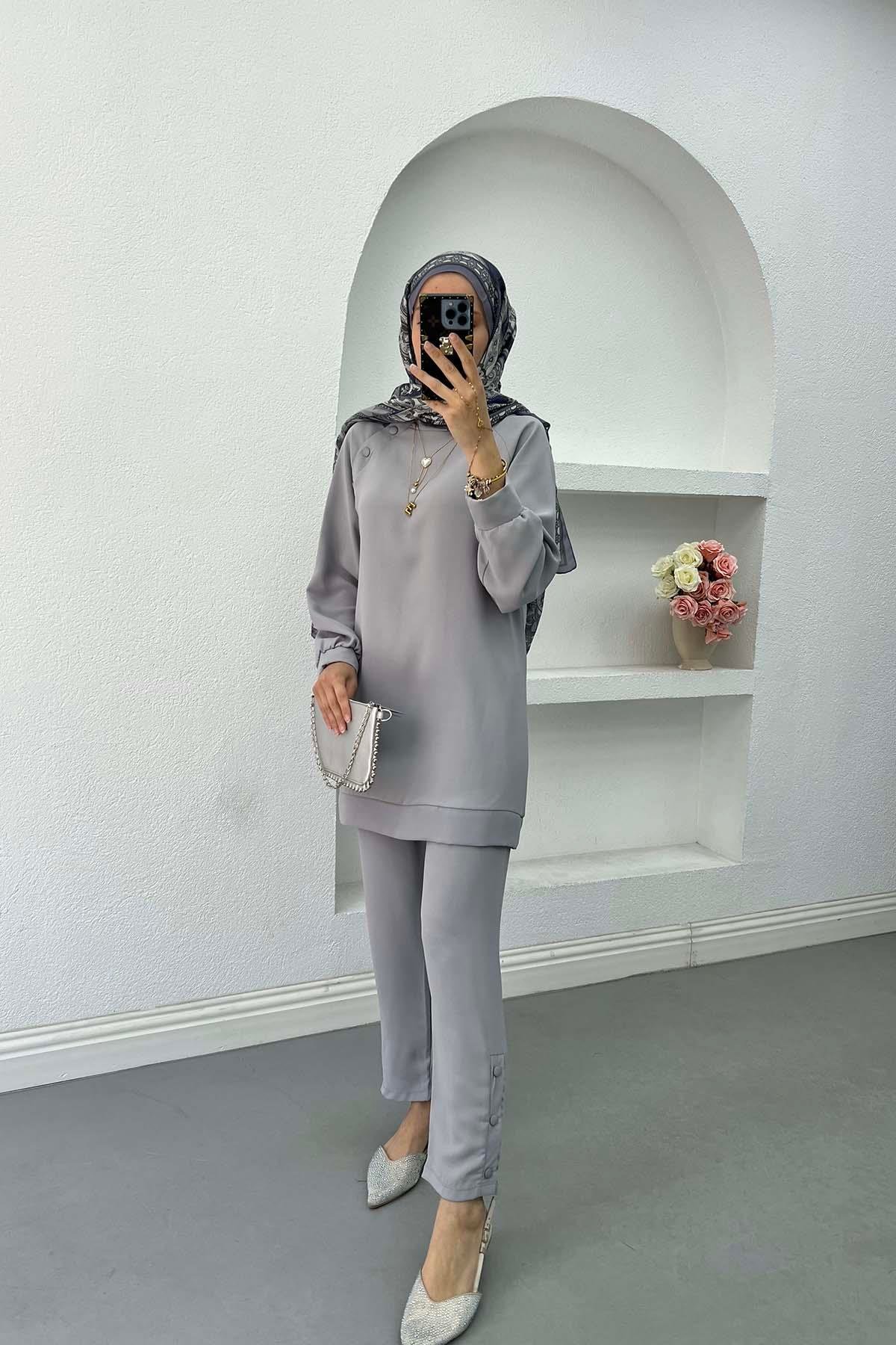 Sare Fashion Shoulder Snap Trouser Set Gray