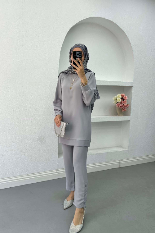 Sare Fashion Shoulder Snap Trouser Set Gray