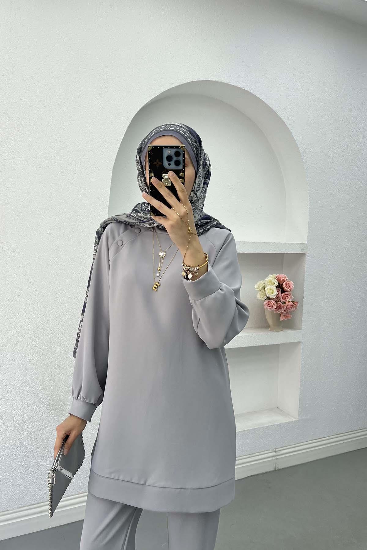 Sare Fashion Shoulder Snap Trouser Set Gray
