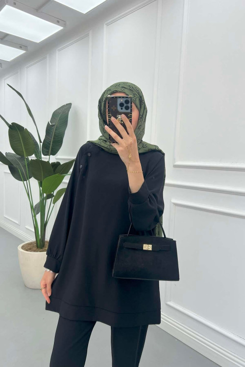 Sare Fashion Shoulder Snap Trouser Set Black