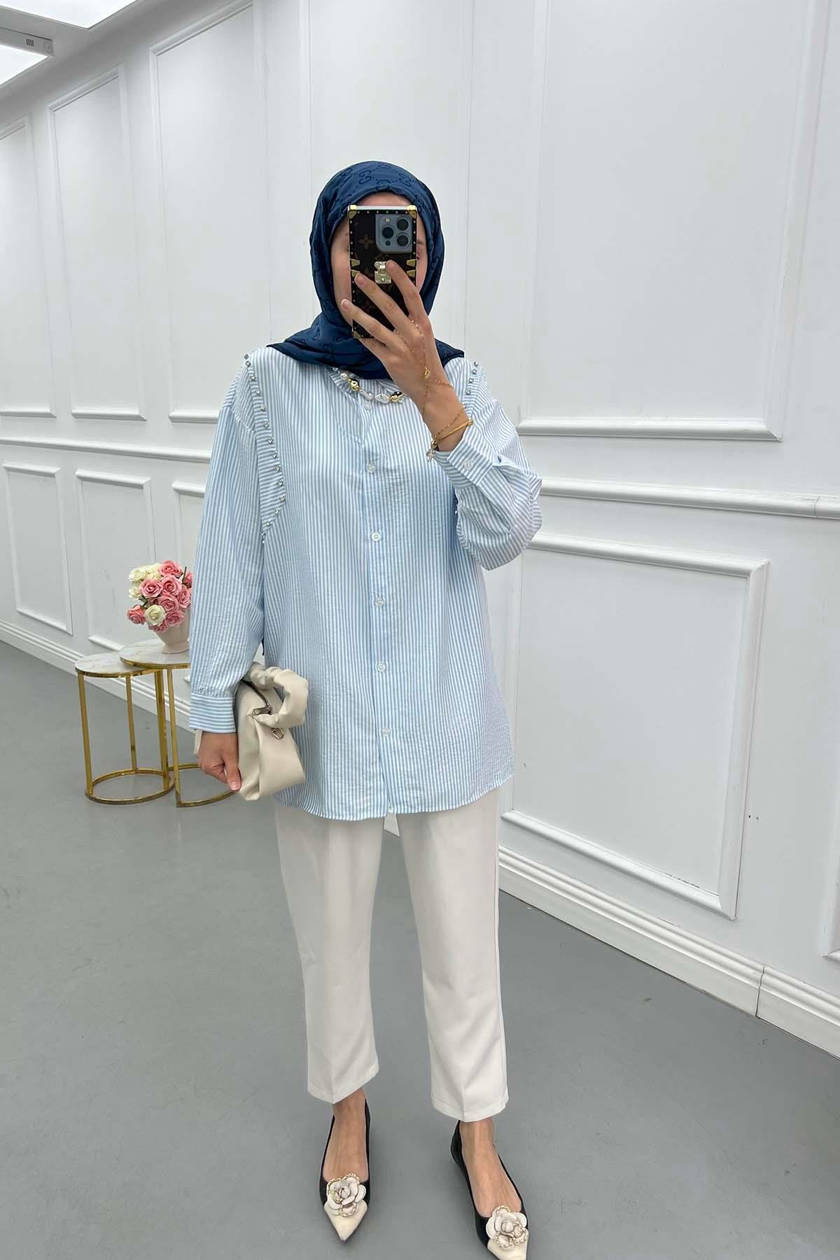 Sare Fashion Striped Shirt with Stone Detail on Shoulder Blue
