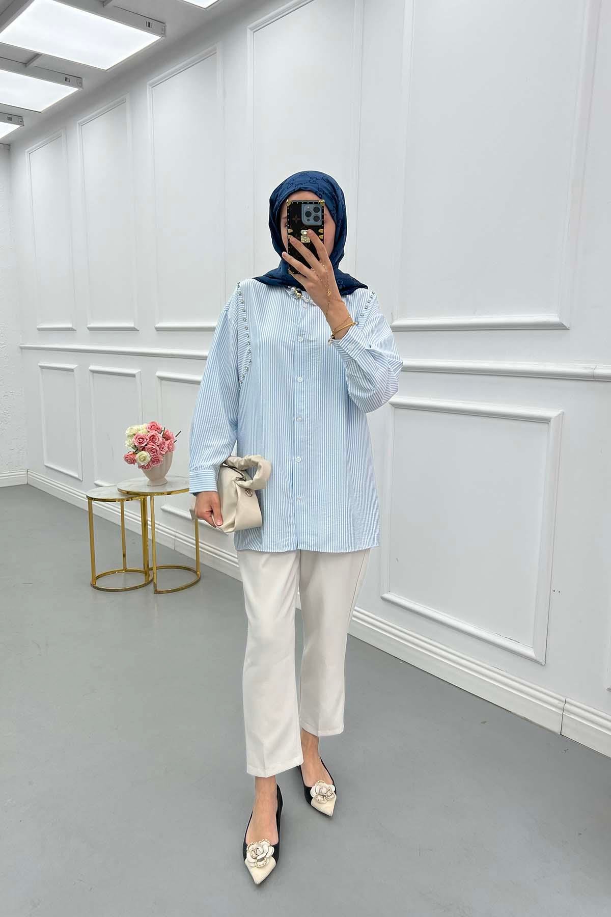 Sare Fashion Striped Shirt with Stone Detail on Shoulder Blue