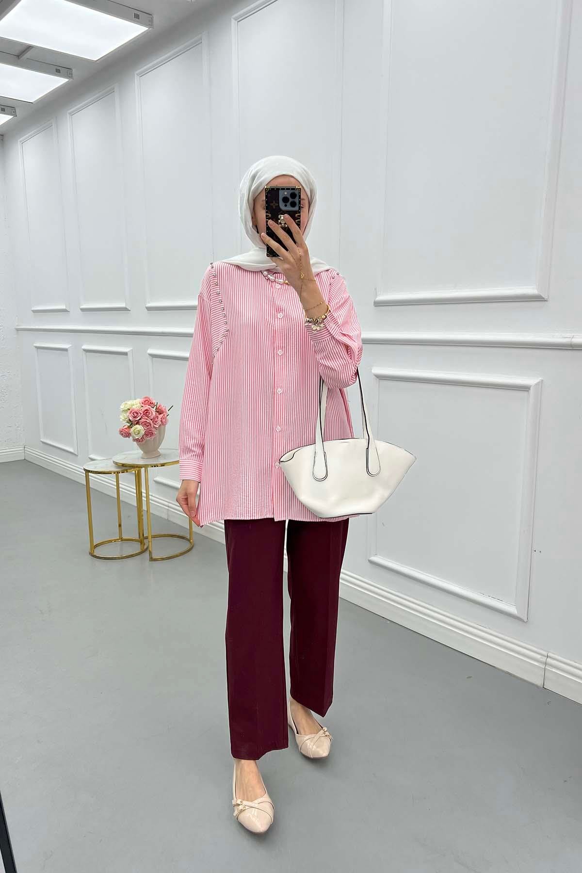 Sare Fashion Striped Shirt with Stone Detail on Shoulder Salmon