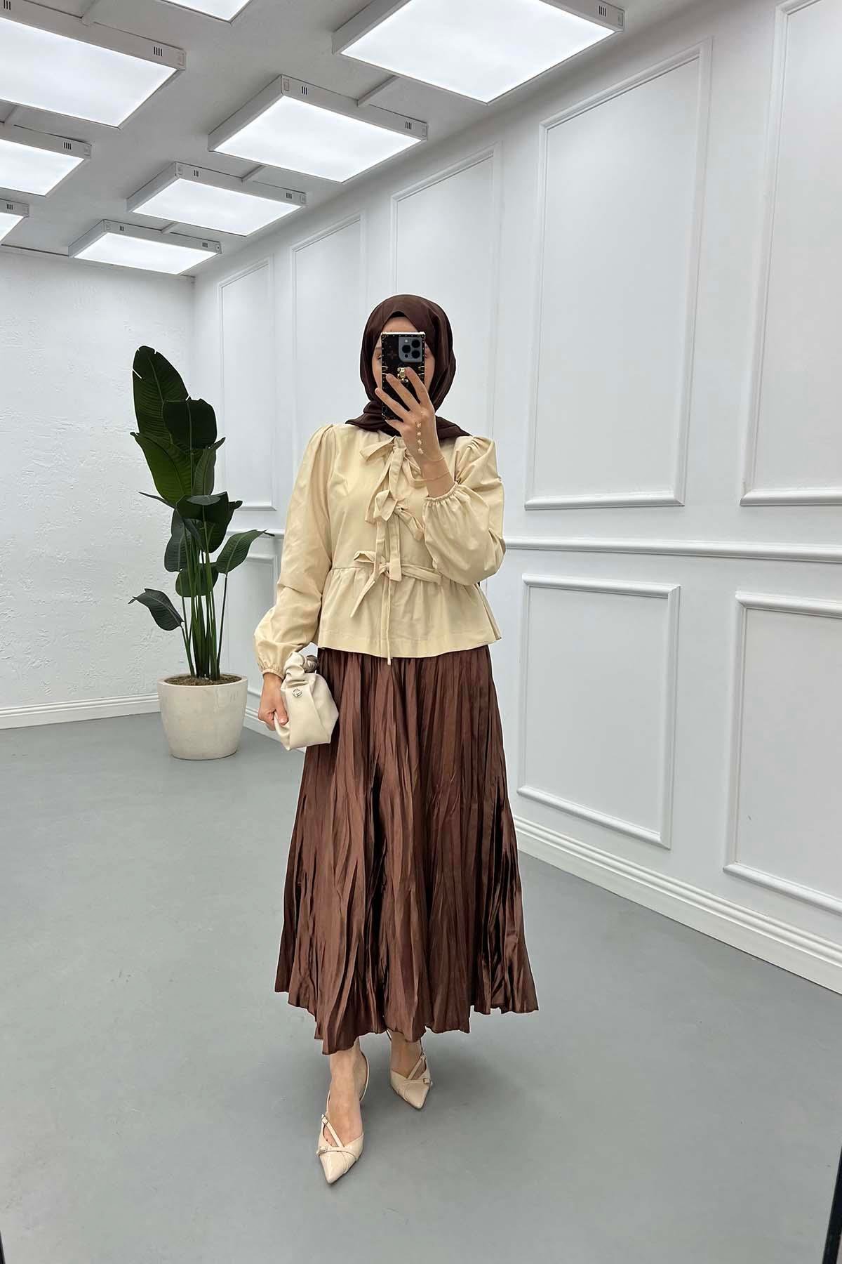Sare Fashion Front Tie Detail Shirt Beige