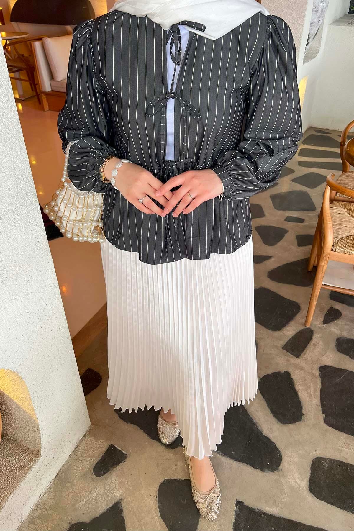 Sare Fashion Front Tie Blouse Black