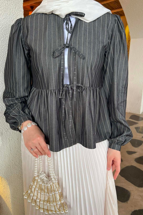 Sare Fashion Front Tie Blouse Black