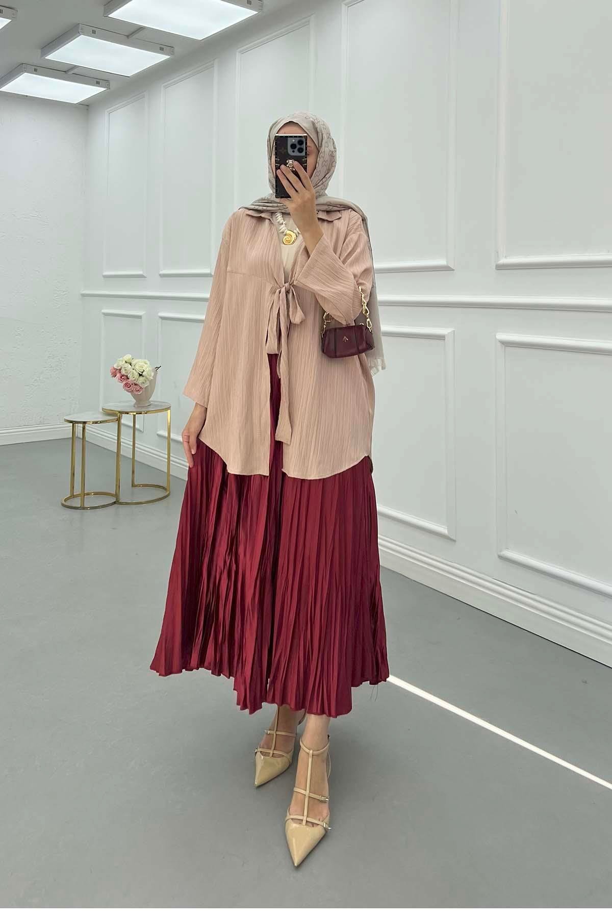 Sare Fashion Front Tie Crepe Shirt Beige