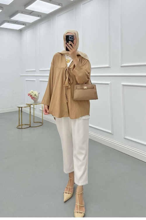 Sare Fashion Front Tie Crinkle Shirt Camel