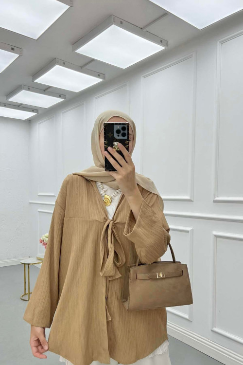Sare Fashion Front Tie Crinkle Shirt Camel
