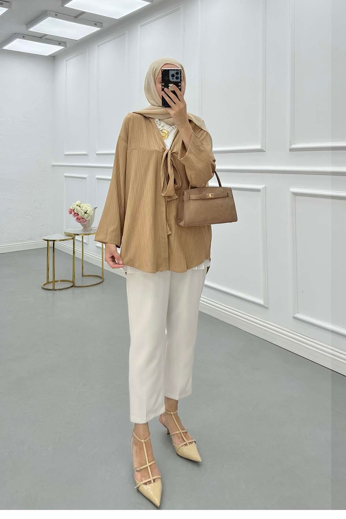 Sare Fashion Front Tie Crinkle Shirt Camel Sare Fashion Front Tie Crinkle Shirt Camel