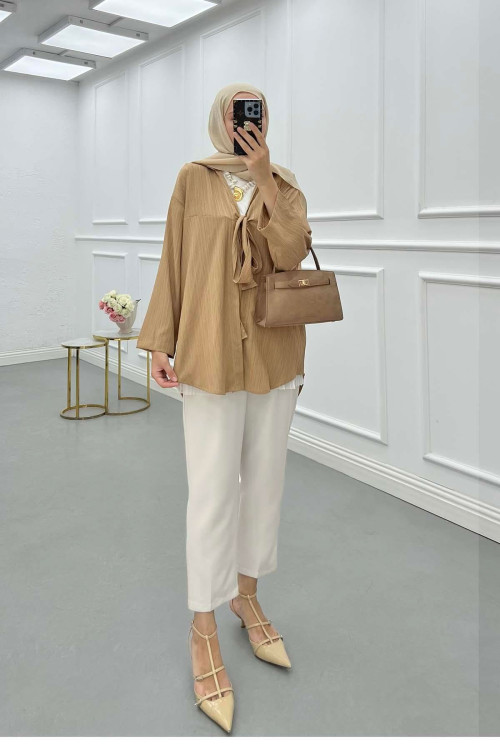 Sare Fashion Front Tie Crinkle Shirt Camel