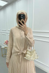 Sare Fashion Front Tie Striped Skirt Suit Beige