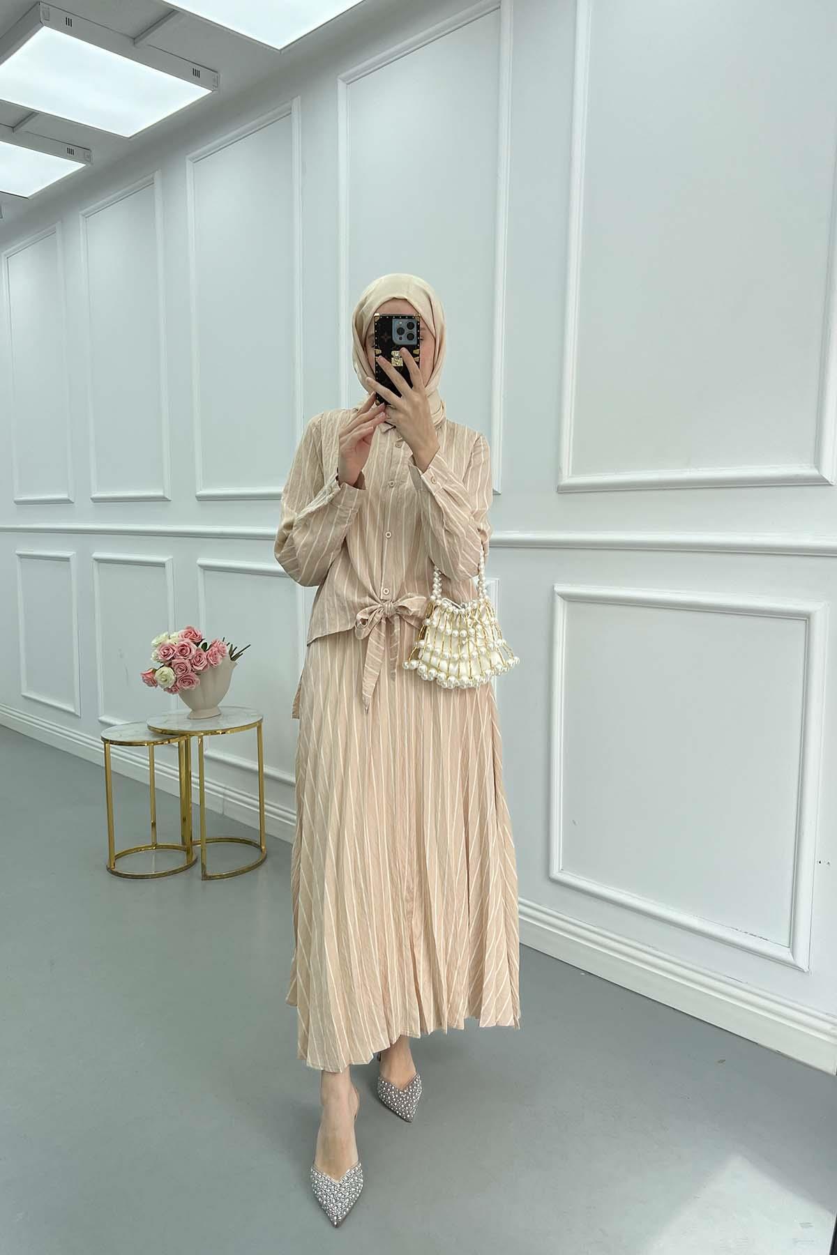 Sare Fashion Front Tie Striped Skirt Suit Beige