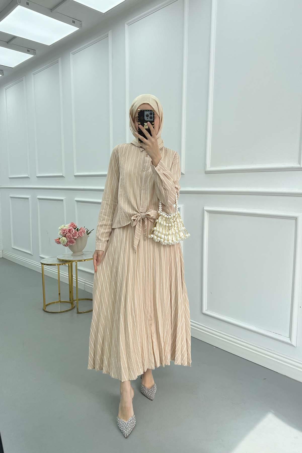 Sare Fashion Front Tie Striped Skirt Suit Beige
