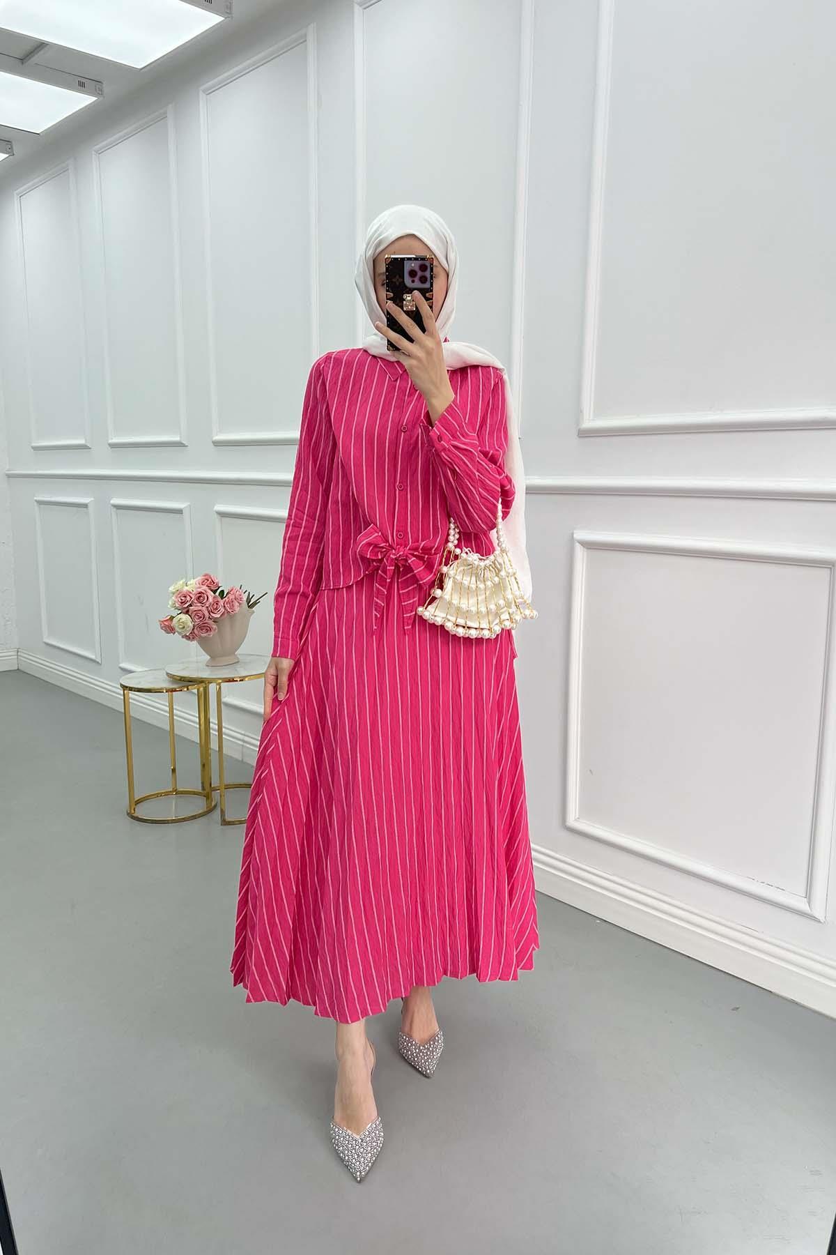 Sare Fashion Front Tie Striped Skirt Suit Fuchsia