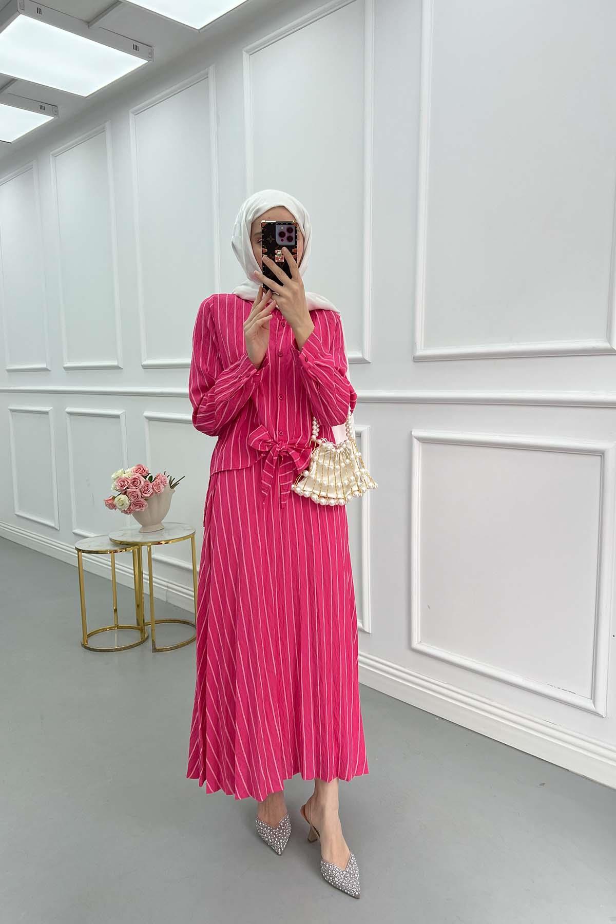 Sare Fashion Front Tie Striped Skirt Suit Fuchsia