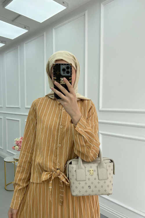Sare Fashion Front Tie Striped Skirt Suit Mustard