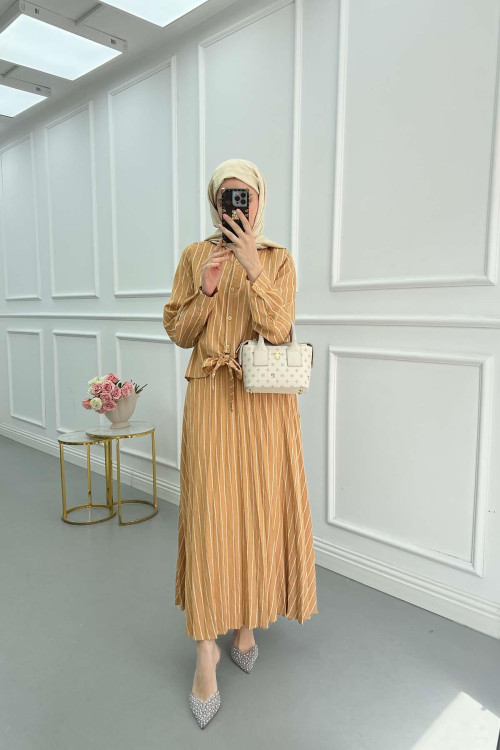 Sare Fashion Front Tie Striped Skirt Suit Mustard