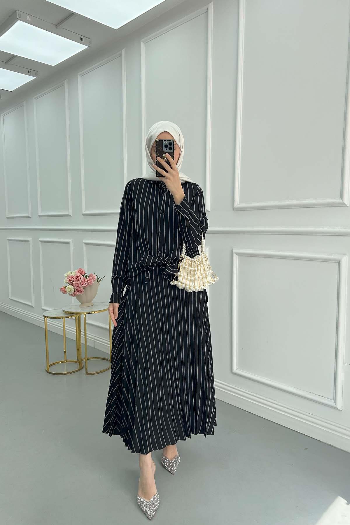 Sare Fashion Front Tie Striped Skirt Suit Black
