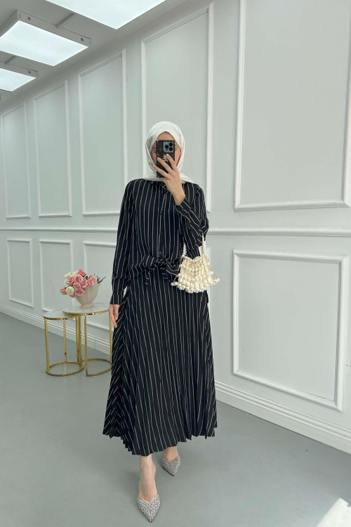 Sare Fashion Front Tie Striped Skirt Suit Black