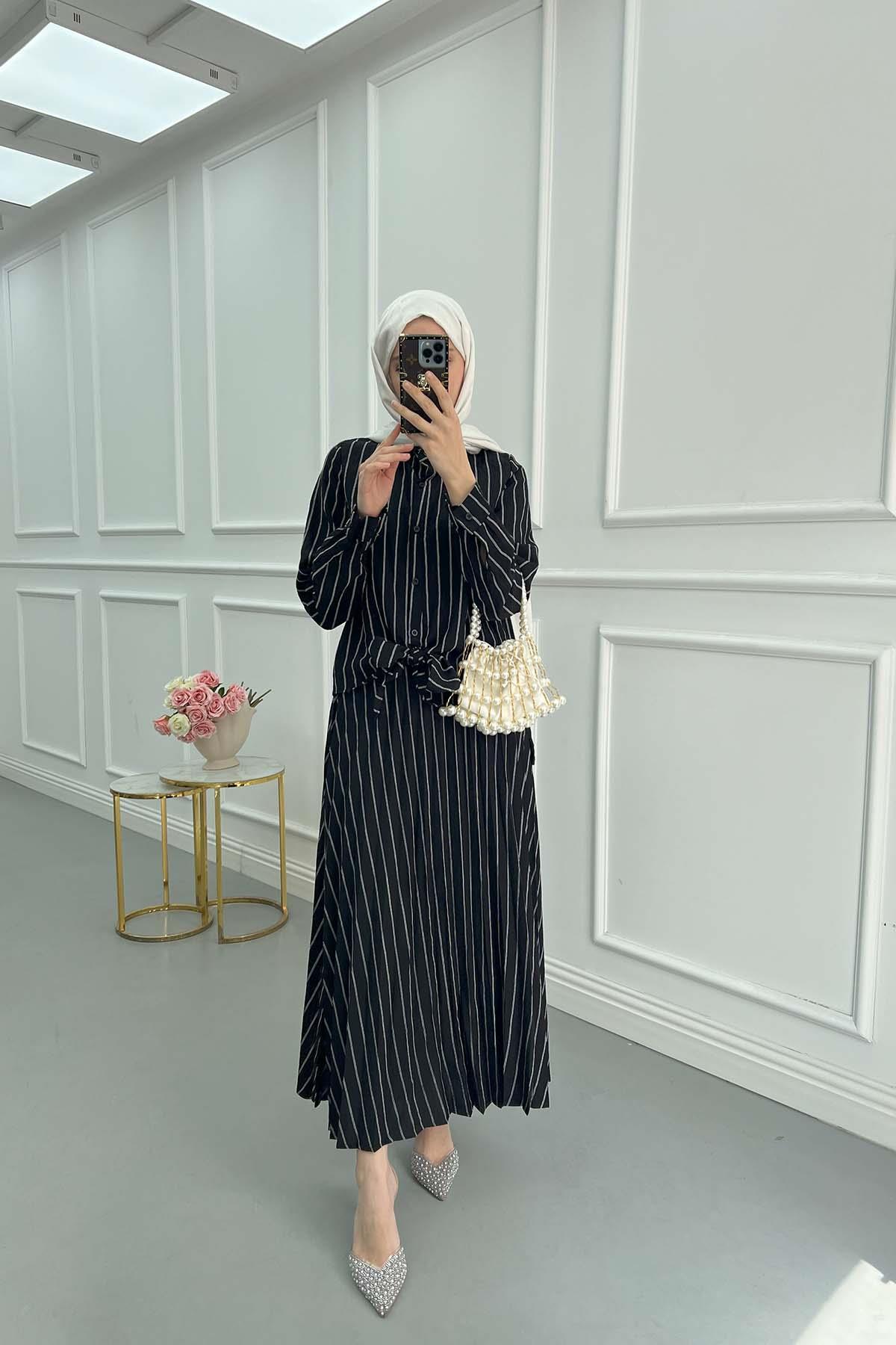 Sare Fashion Front Tie Striped Skirt Suit Black
