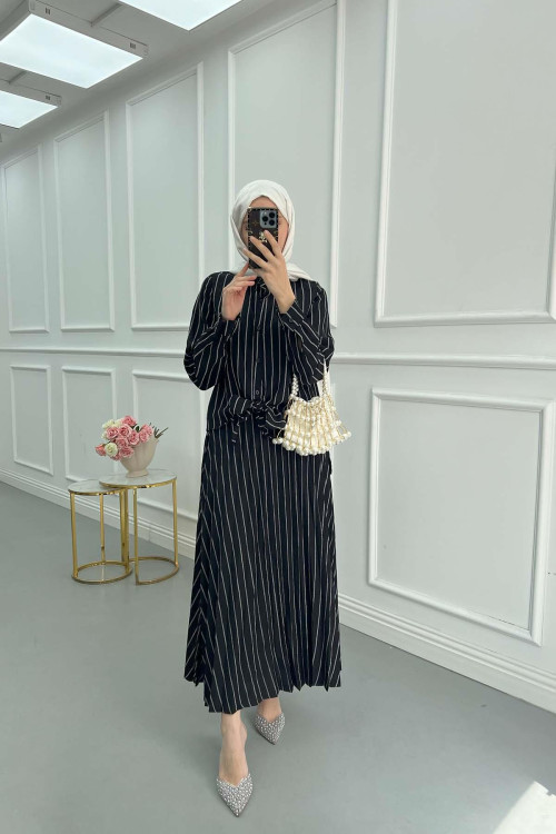 Sare Fashion Front Tie Striped Skirt Suit Black
