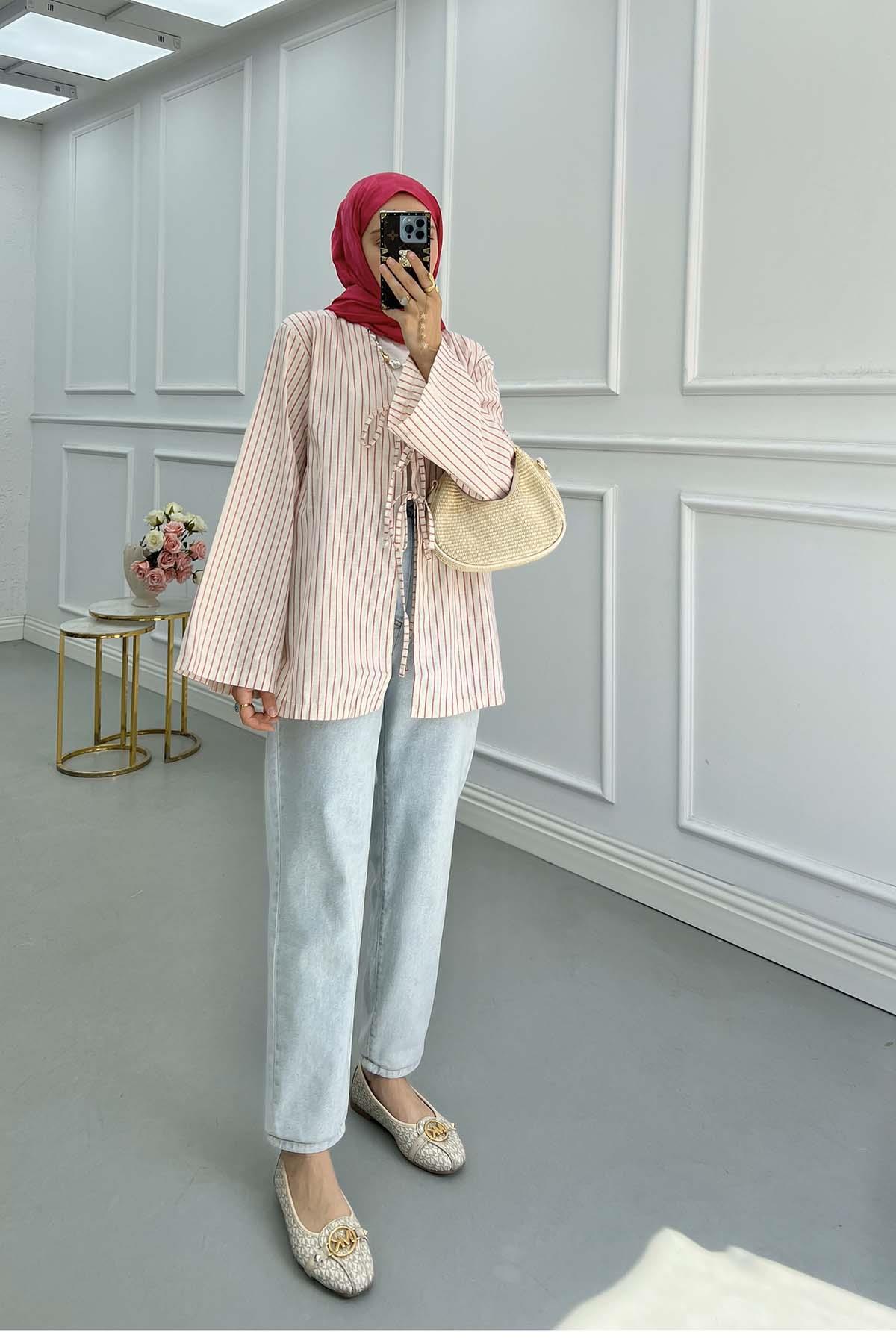 Sare Fashion Front Tie Striped Kimono Fuchsia