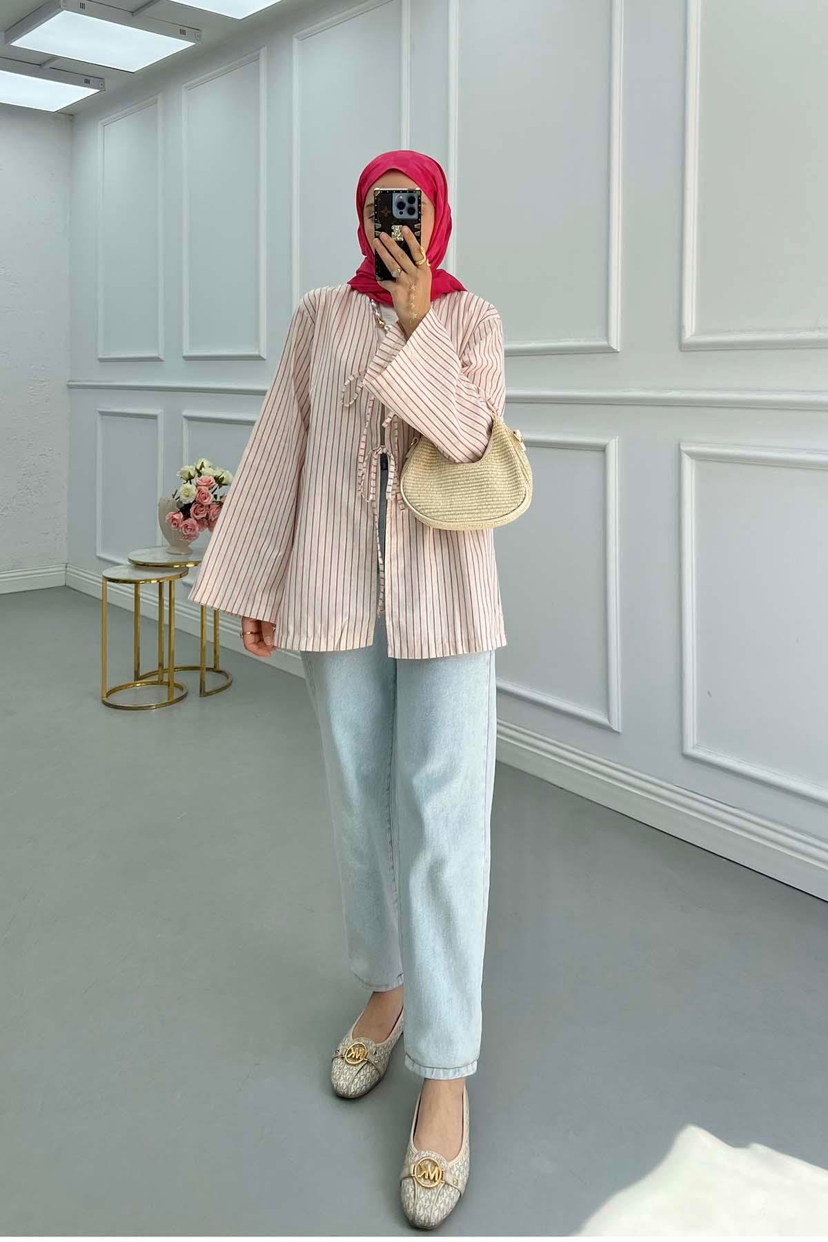 Sare Fashion Front Tie Striped Kimono Fuchsia