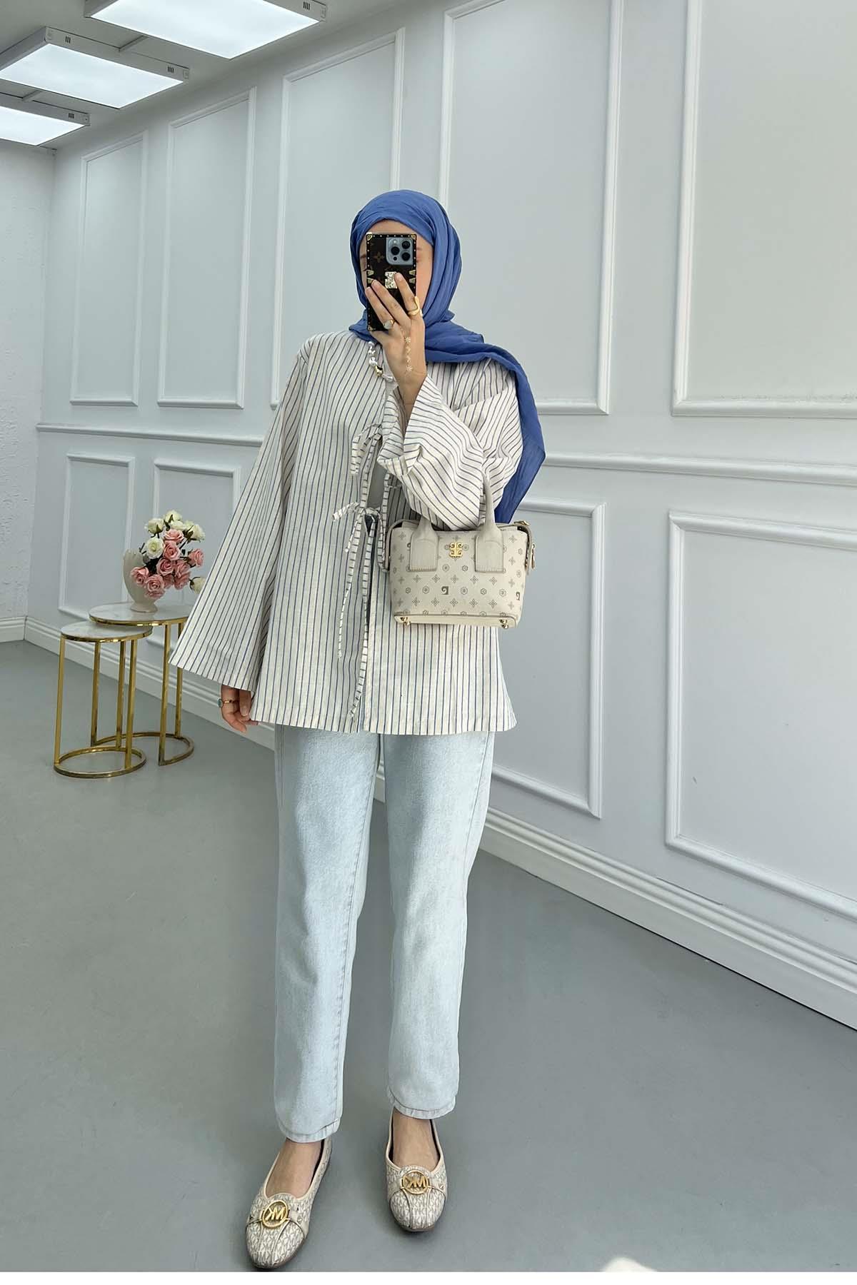 Sare Fashion Front Tie Striped Kimono Indigo