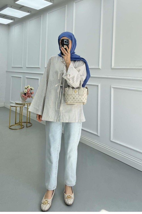 Sare Fashion Front Tie Striped Kimono Indigo