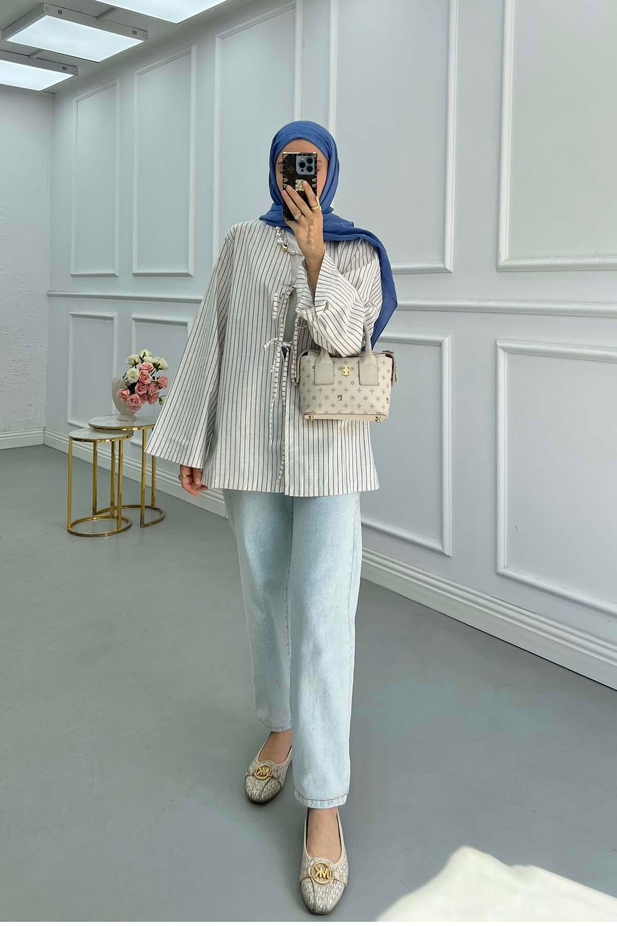 Sare Fashion Front Tie Striped Kimono Indigo
