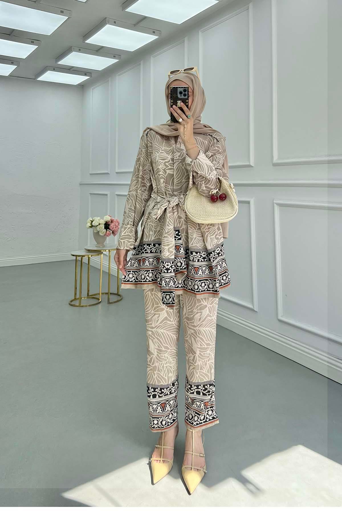 Sare Fashion Front Tie Patterned Suit Beige