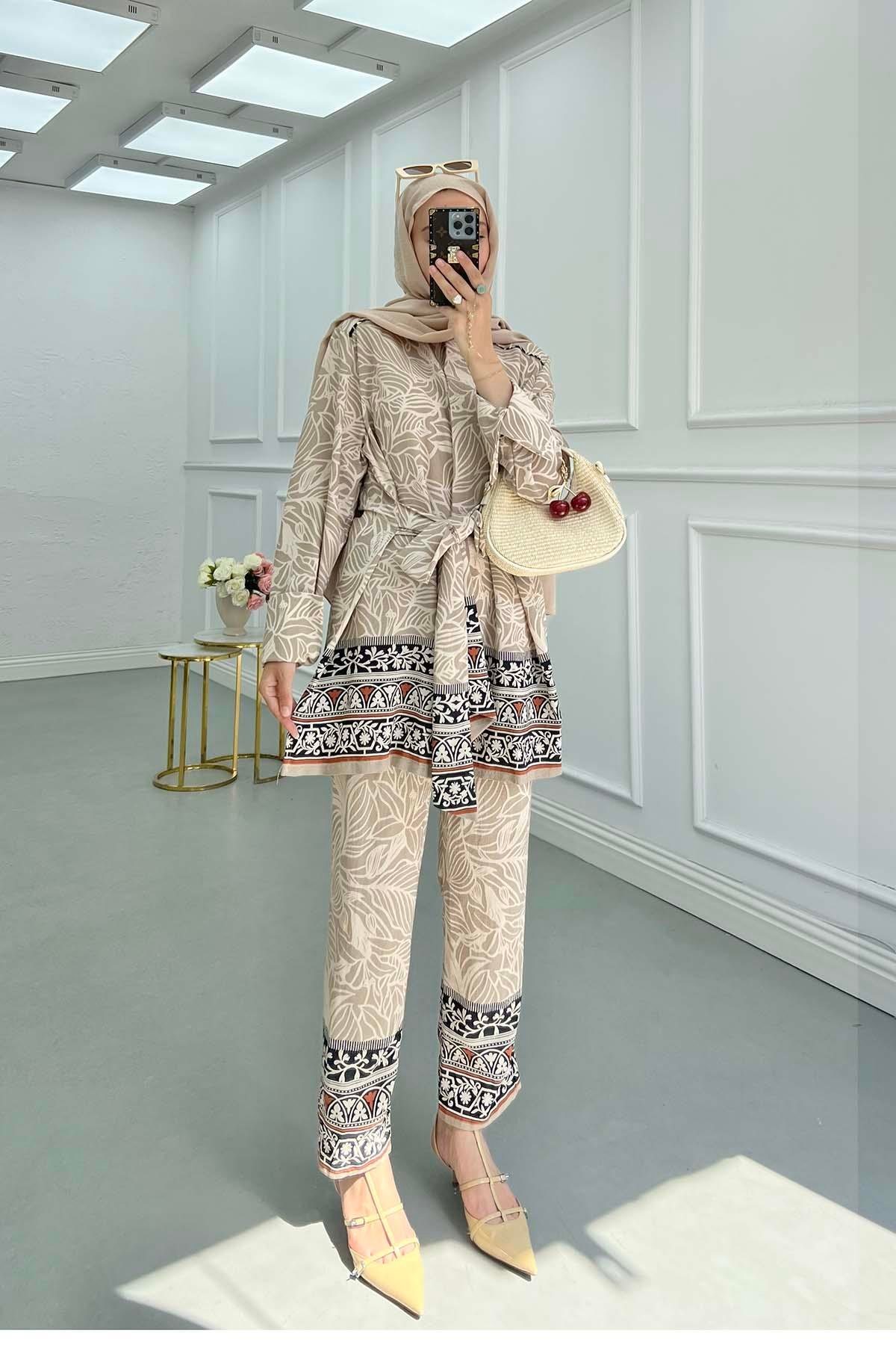 Sare Fashion Front Tie Patterned Suit Beige