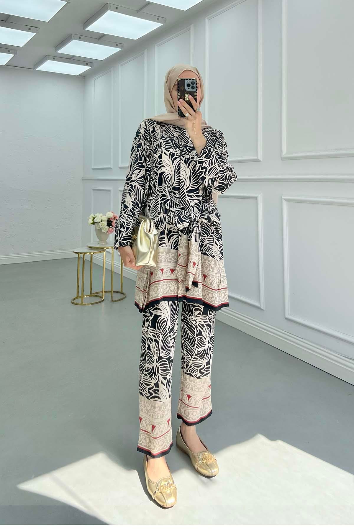 Sare Fashion Front Tie Patterned Suit Black