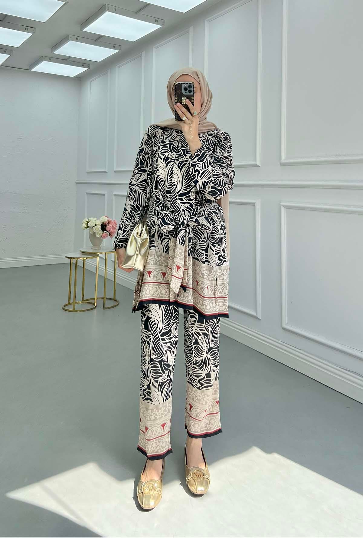 Sare Fashion Front Tie Patterned Suit Black