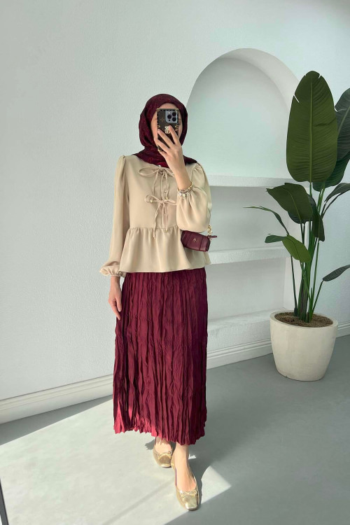 Sare Fashion Front Tie Shirt Beige