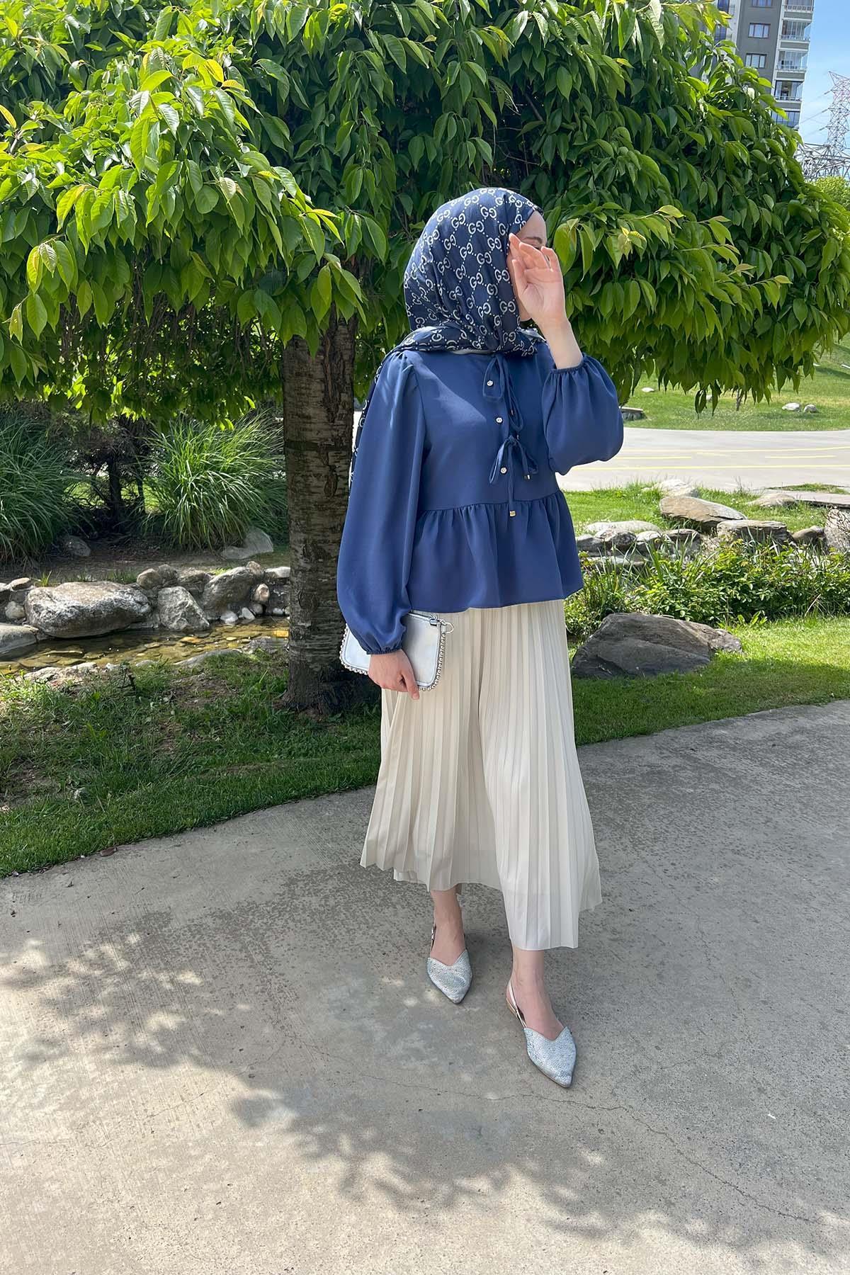 Sare Fashion Front Tie Shirt Navy Blue