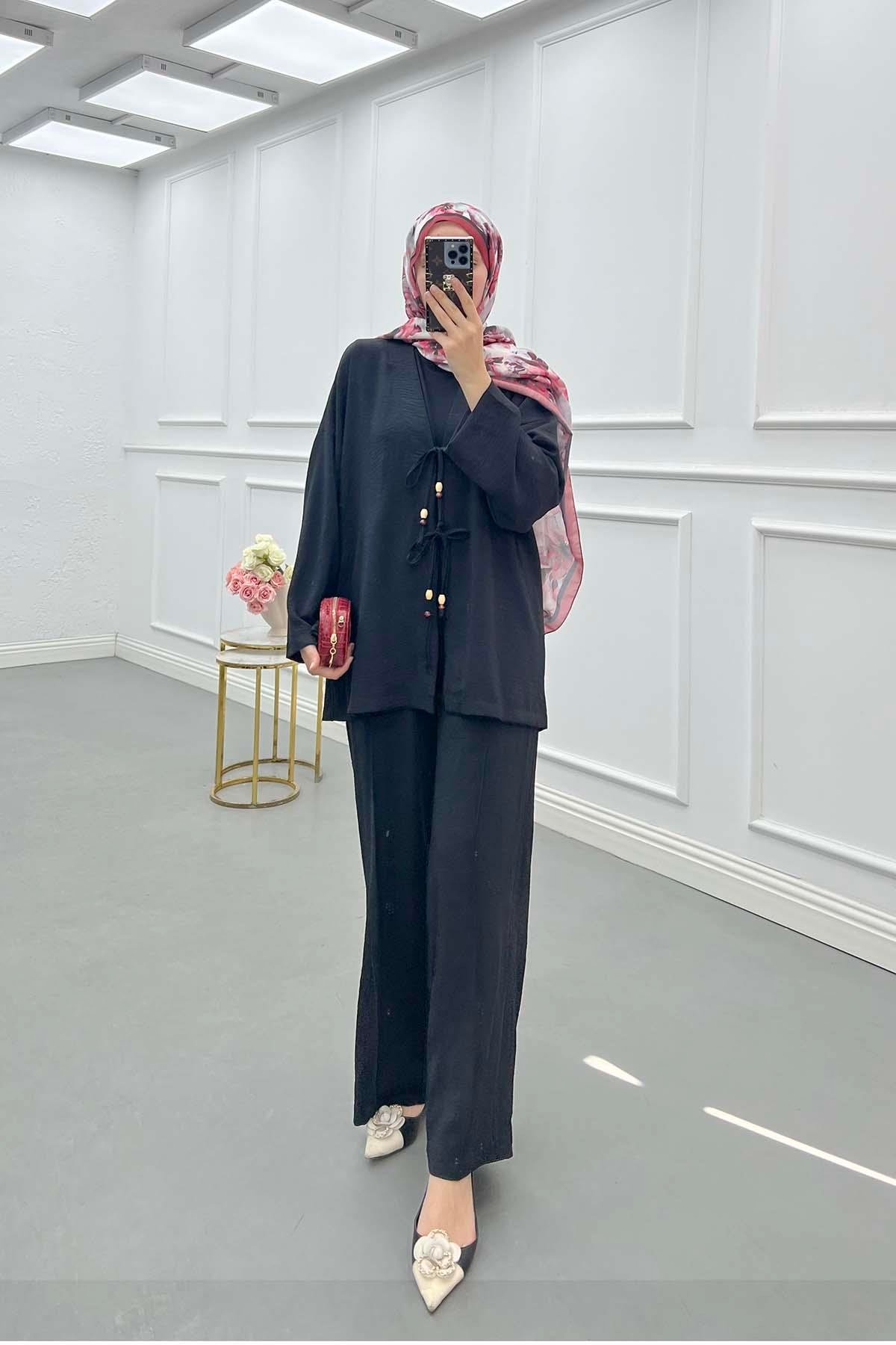 Sare Fashion Front Tie Double Aerobin Suit Black