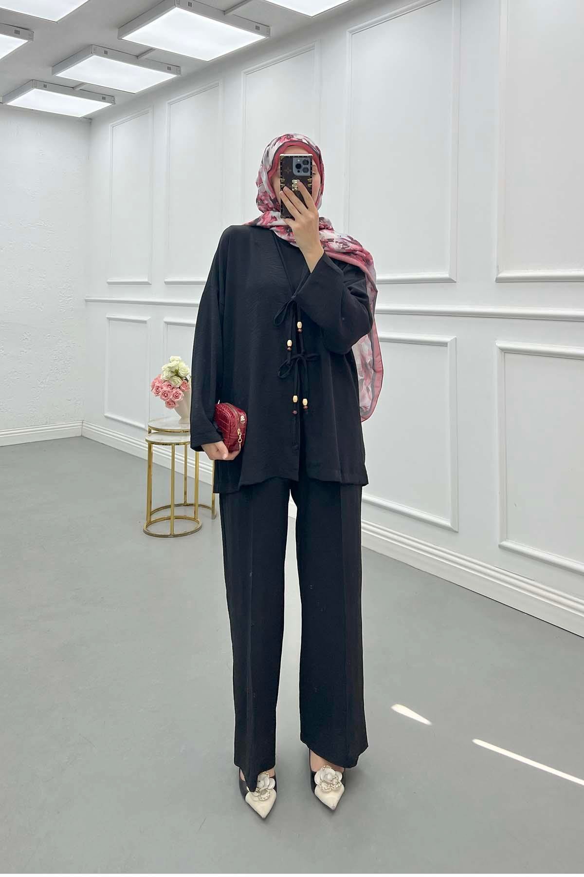 Sare Fashion Front Tie Double Aerobin Suit Black